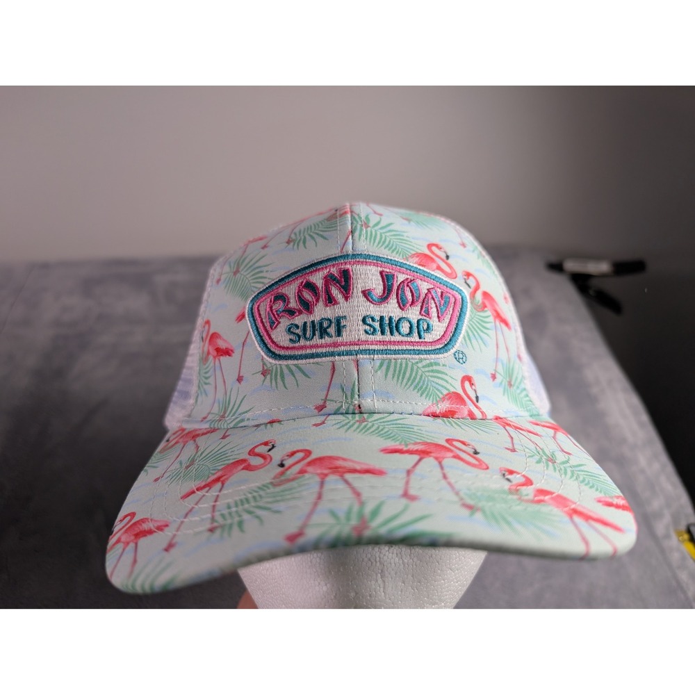 Ron Jon Surf Shop Flamingo Palm Print Trucker Hat Snapback Mesh Cap Blue White